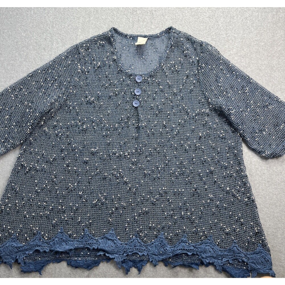 Blair Open Knit Top 3X Blue Scallop Lace Hem Cottagecore Boho Coastal Beachy